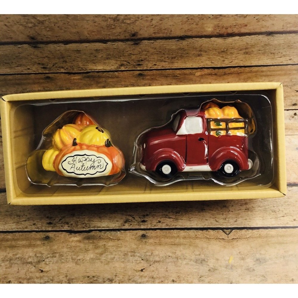 Salt & Pepper Shakers Blue Sky Clayworks Halloween Pumpkins Red Truck Loaded